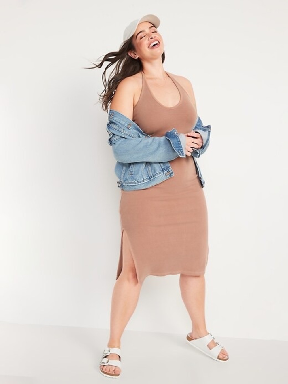 Old Navy Fitted Ribbed Knit Halter Midi Dress in Dusty Rose